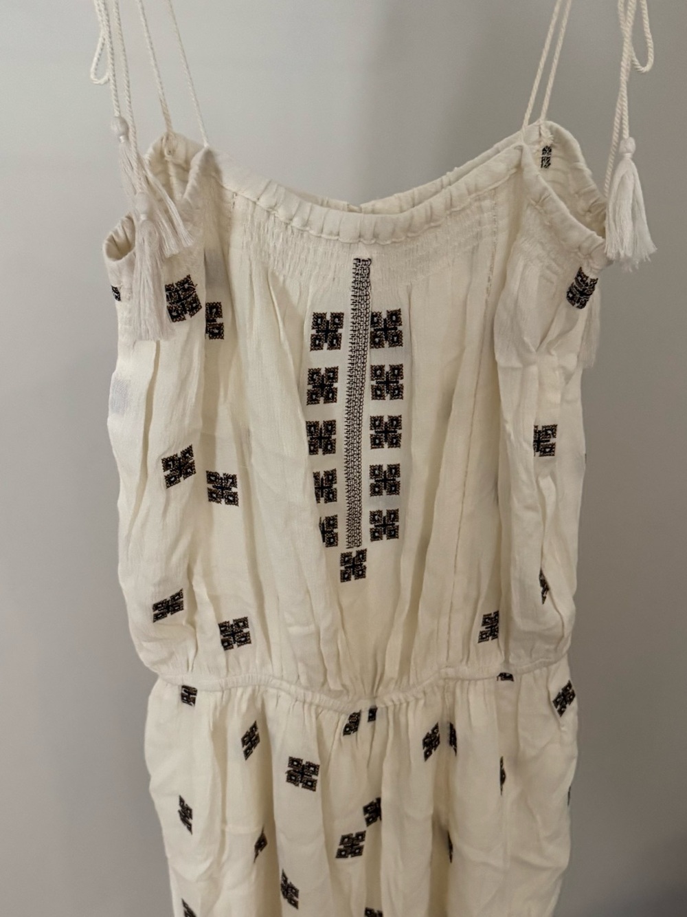 Ivory Embroidered Romper with Tassel Straps
